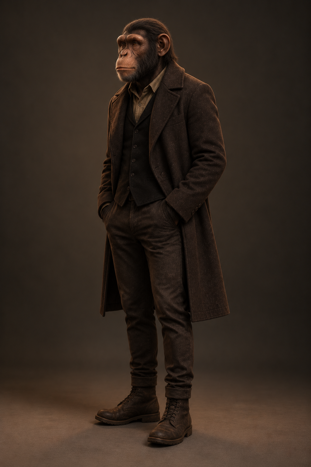 Chimp in a dark overcoat, seen from a thoughtful three-quarter angle