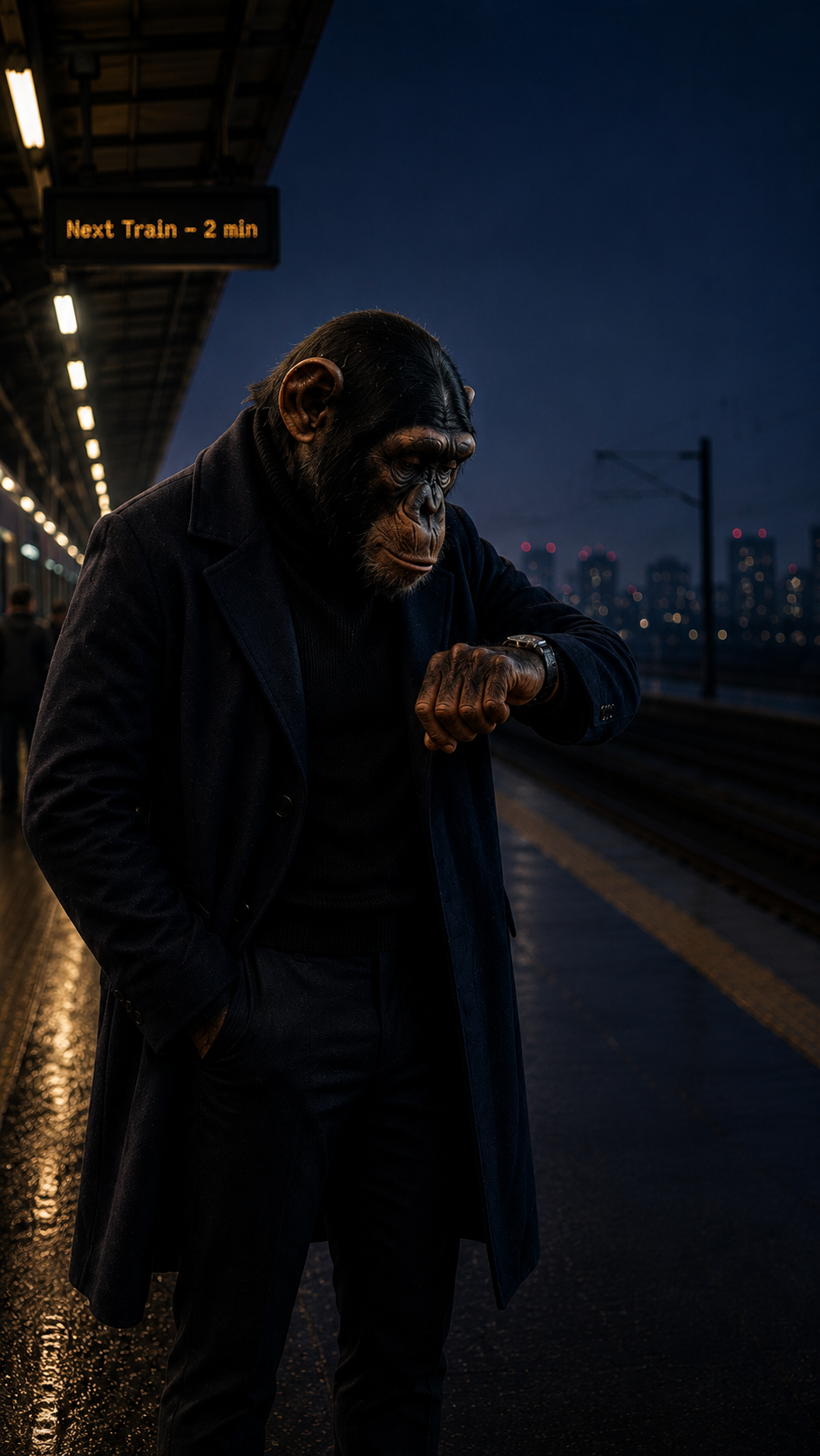 Chimp waiting at a station beneath a Next Train in 2 min sign